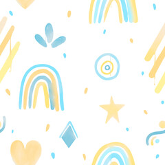 abstract seamless patterns with blue and yellow watercolor shapes