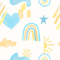 abstract seamless patterns with blue and yellow watercolor shapes