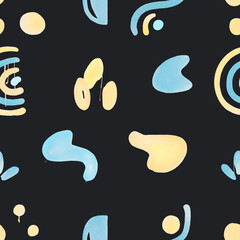 abstract seamless pattern with blue and yellow watercolor shapes on a dark background