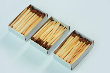 wooden yellow matches with sulfur for ignition in a paper box