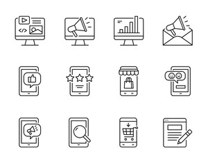 Digital marketing icon set, Simple design with black lines on a white background.