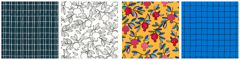 Seamless patterns set. Pomegranate tree branches with fruit. Outlined vector illustration on bright background for surface design and other design projects