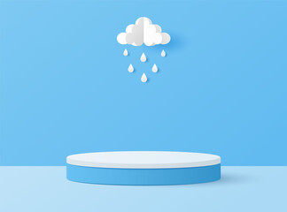Paper cut of white and blue color cylinder podium for products display presentation with clouds and raindrops. Vector illustration