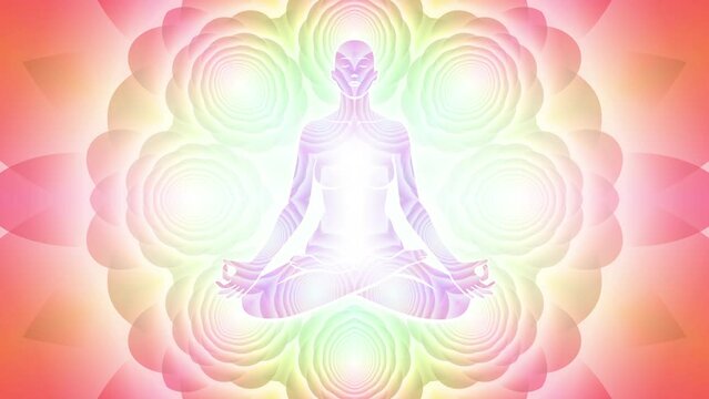 Meditating human in colorful waves of flowers. Looped yogic spiritual animated background