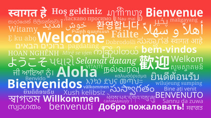 "Welcome" messages in different languages on Rainbow background