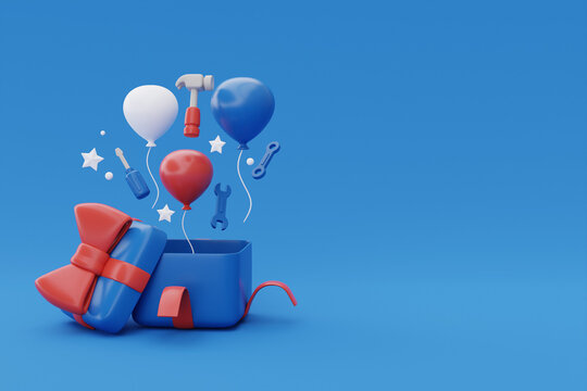 Happy labor day usa concept, gift boxes with construction tools and balloon on blue background, 3d rendering