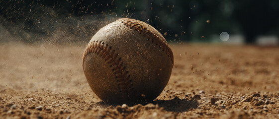 Dust in motion with baseball ball closeup on game field dirt.