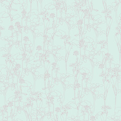 Floral hand drawn seamless pattern. White line flowers on mint background