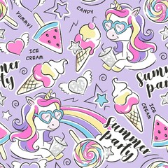 Art. Beautiful violet pattern. Unicorn ice cream summer party. Fashion illustration drawing in modern style for clothes
