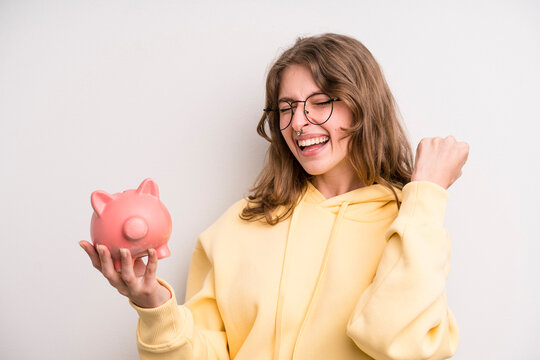 teenager girl. piggy bank and savings concept