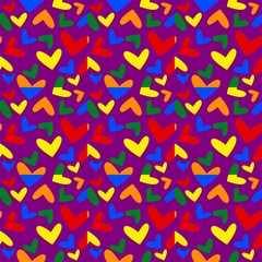 The purple background with hearts of colors lgbtqia+ flag red, orange, yellow, green and blue
