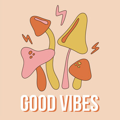 Retro 70s groovy elements, cute funky hippy mushrooms