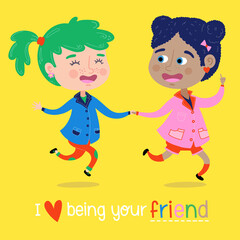 Little Girls friends Enjoying and Laughing Friendship Forever I Love Being your Friend. Cute Colorful Friendship Day. Children Illustration.