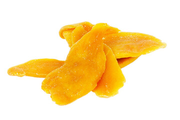 Dehydrated mango, dried tropical fruit isolated on white background.