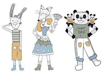 Set of funny animals hare, fox and panda in clothes in children s primitive style. Hand drawn vector illustration