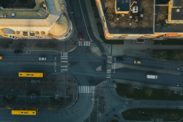 Aerial top view of street crossing in the city of malmo, sweden 