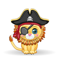 Fototapeta premium Lion pirate, cartoon character of the game, wild animal cat in a bandana and a cocked hat with a skull, with an eye patch. Character with bright eyes