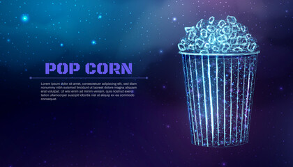 Pop corn wireframe. Poster template with glowing low poly tasty snack. Futuristic modern abstract. Isolated on dark background. Vector illustration