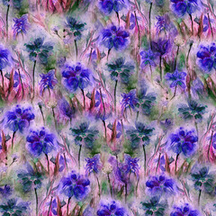 Floral seamless pattern. Watercolor artwork background. Flowers and herbs. Bohemian boho style print. Abstract meadow field. Emotional painting.