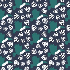 Tropical night with toucans and monstera leaves seamless pattern vector. Minimalist exotic hand-drawn surface design by blue, green and white colors. Regular simple surface design with flora and fauna
