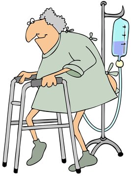 Happy old woman using a walker