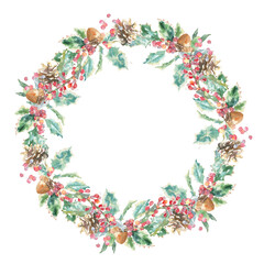 Watercolor Woodland Christmas floral wreath illustration, Winter forest flower decoration for greeting card, poster, invitation, baby shower Merry Christmas, New Year, holiday, sticker, frame art,diy