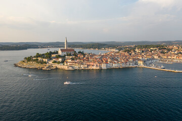 Fototapeta premium Aerial view of the old town of Rovinj with Church of Saint Euphemia on the Mediterranean sea , Rovinj, Croatia