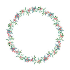 Fototapeta premium Watercolor Woodland Christmas floral wreath illustration, Winter forest flower decoration for greeting card, poster, invitation, baby shower Merry Christmas, New Year, holiday, sticker, frame art,diy