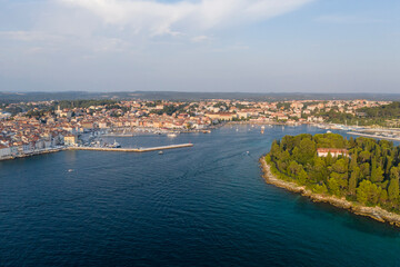 Naklejka na ściany i meble Aerial top view of the old port of Rovinj in summer, Croatia