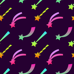 Festive cute seamless pattern with neon flying stars. Celebratory background with Christmas star. Ornament for gift wrapping paper, textile, surface textures. Vector Illustration. EPS