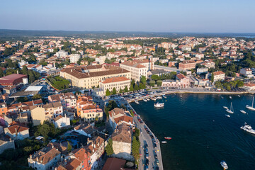Fototapeta na wymiar Aerial top view of the old port of Rovinj in summer, Croatia