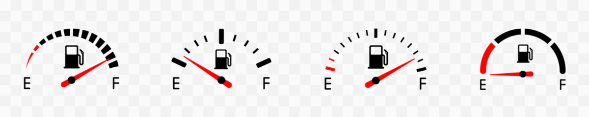 Fuel gauge indicator. Full fuel gauge icon set. Gas tank. Different dashboard auto panel equipment with arrow. Vector illustration. - obrazy, fototapety, plakaty