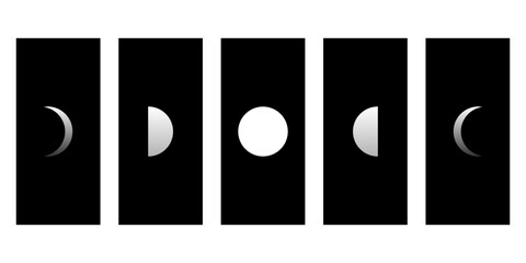 White moon different phases of lunar phases on black square boho flat vector icon design.