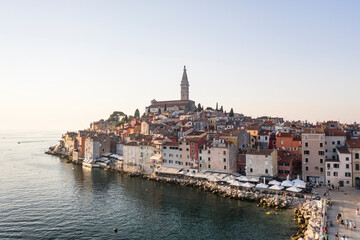 Aerial view of the old town of Rovinj with Church of Saint Euphemia on the Mediterranean sea , Rovinj, Croatia