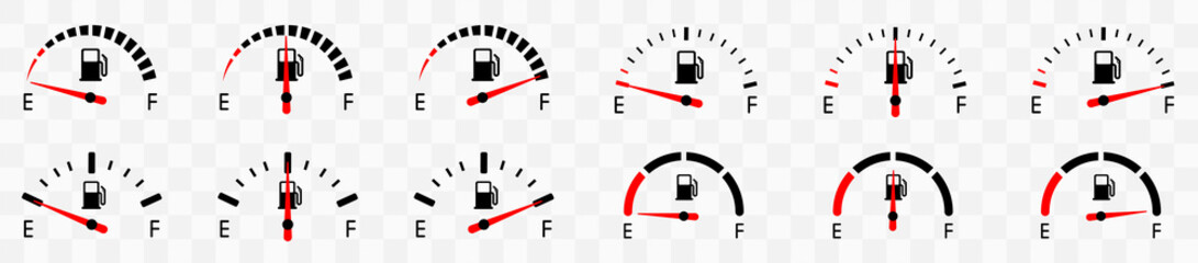 Fuel gauge indicator. Full fuel gauge icon set. Gas tank. Different dashboard auto panel equipment with arrow. Vector illustration. - obrazy, fototapety, plakaty