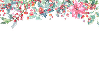 Watercolor Woodland Christmas floral frame, border illustration, Winter forest flower decoration for greeting card, poster, invitation, baby shower Merry Christmas, New Year, holiday, sticker, print