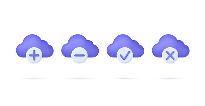 3D Cloud icons set with pluse and minus and check, cross marks isolated on white background. Cloud storage icon set. Can be used for many purposes.