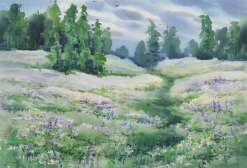 Summer landscape with a meadow and clouds watercolor background
