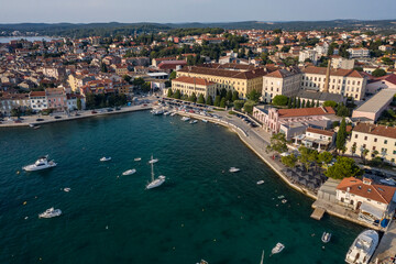 Fototapeta na wymiar Aerial view of the coastline of Rovinj old city with the old port of Rovinj in summer, Croatia