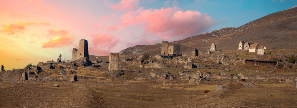 Mountain landscape and medieval architecture