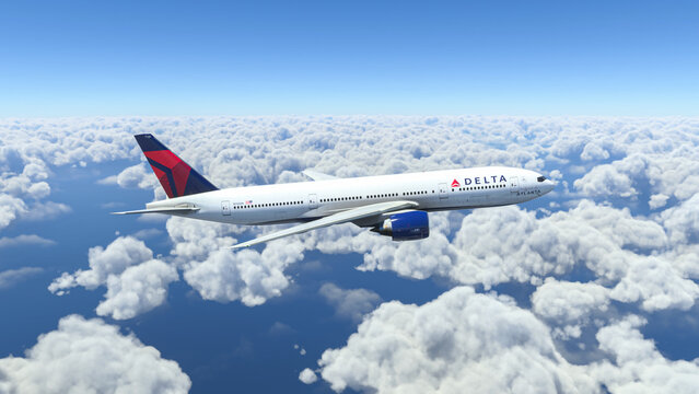 Boeing 777 Delta Airlines flying over the clouds, 3D illustration, 22 jun, 2022, Sao Paulo, Brazil.