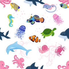 Naklejka premium Marine life, fish, animals bright seamless pattern. sea travel, underwater diving animal tropical fish. Jellyfish, whale, shark, seahorse, clown fish, dolphin, turtle, emperor