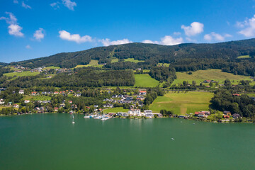 Aerial of Mondsee lake with sailing boats, Austria