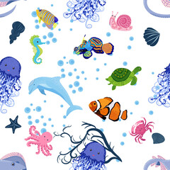 Fototapeta na wymiar Marine life, fish, animals bright seamless pattern. sea travel, underwater diving animal tropical fish. Jellyfish, whale, shark, seahorse, clown fish, dolphin, turtle, emperor