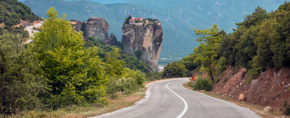 Meteora Greece. Holy Monastery of Rousanos Saint Barbara building on top of rock