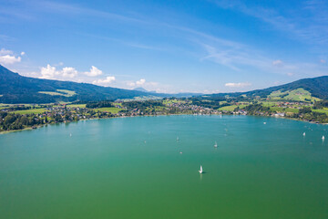 Aerial of Mondsee village on the lake, Mondsee, Upper austria, Austria