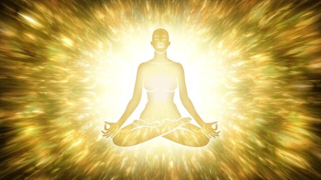 Meditating human figure in fiery rays animation