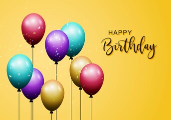 Beautiful birthday party with colorful flying balloons on confetti background