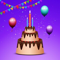 Beautiful birthday party cake with flying balloons on flag background