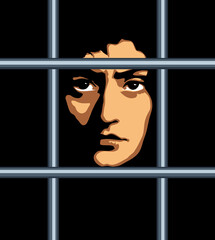 A man in prison behind bars. Vector drawing